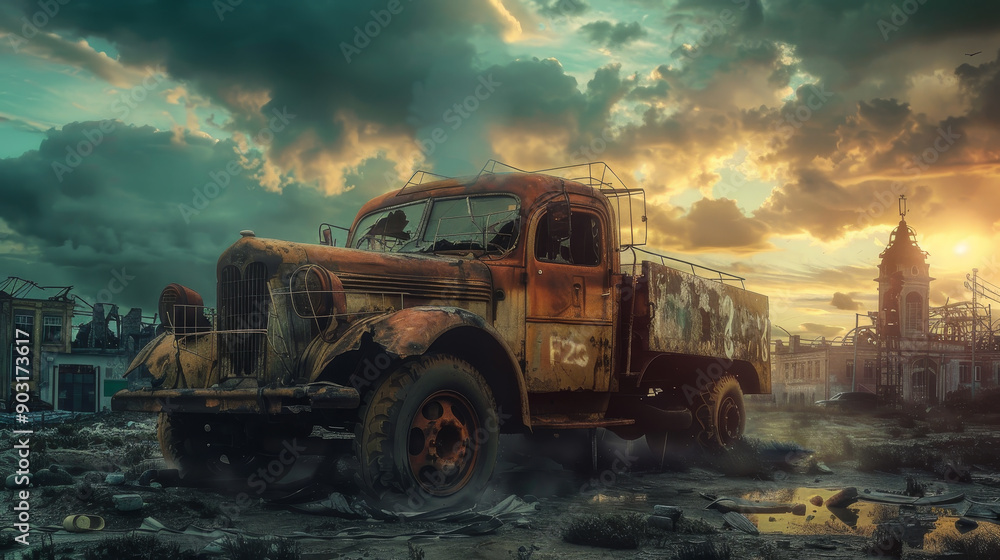 A rusty old truck is parked in a desolate area A rusty old truck is parked in a desolate area