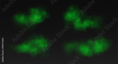 Green smoke, toxic cloud, realistic chemical gas, bad odour concept isolated on dark background. Vector illustration.