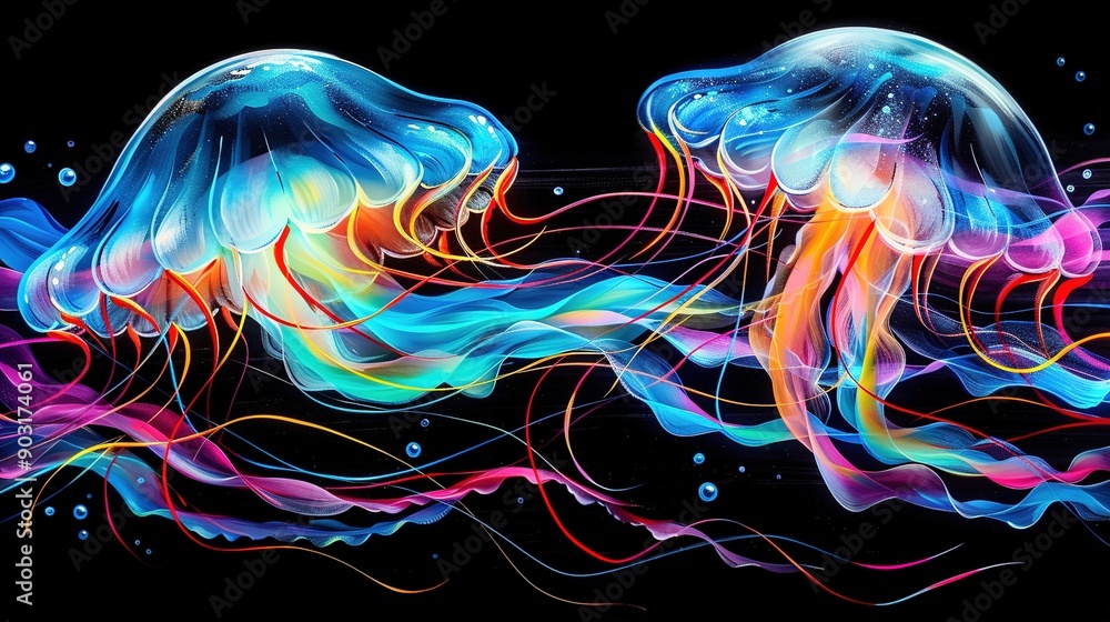 Obraz premium Two colorful jellyfish swim in multicolored wave-tossed water against a black backdrop