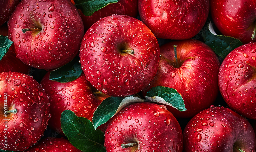 Fresh Juicy Ripe Red Apples with Water Drops - Background of Healthy Organic Fruit Harvest During Morning Dew Fresh Juicy Ripe Red Apples with Water Drops - Background of Healthy Organic Fruit Harvest During Morning Dew