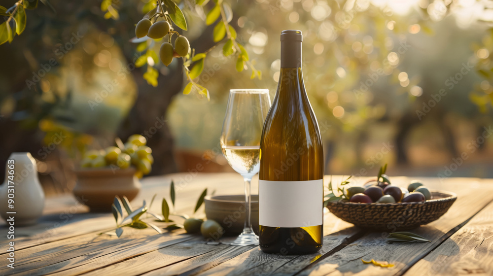 A bottle of white wine with a blank mock-up label on an outdoor table under an olive tree in the sunset light A bottle of white wine with a blank mock-up label on an outdoor table under an olive tree in the sunset light