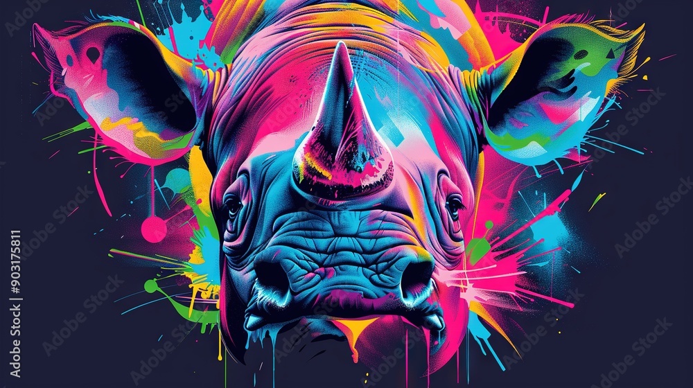 Fototapeta   Rhino face with vibrant paint splatters