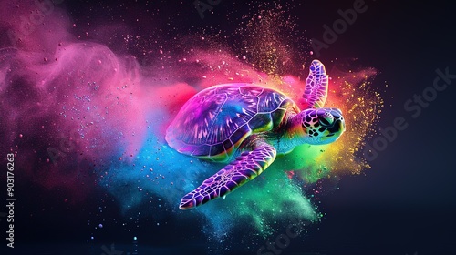  A vibrant turtle levitating, with its head and body both airborne