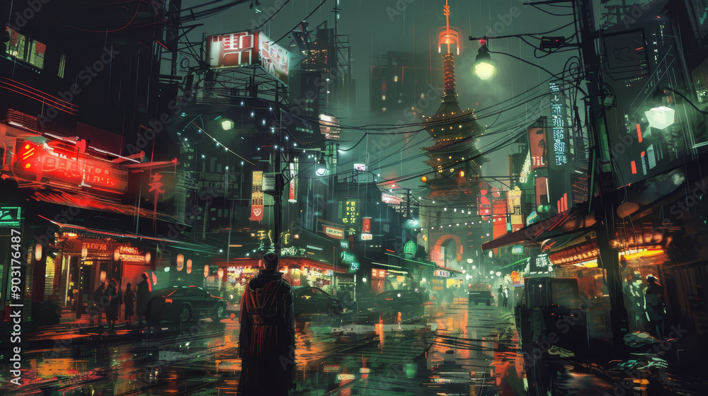 Fototapeta premium A man is walking down a wet city street at night