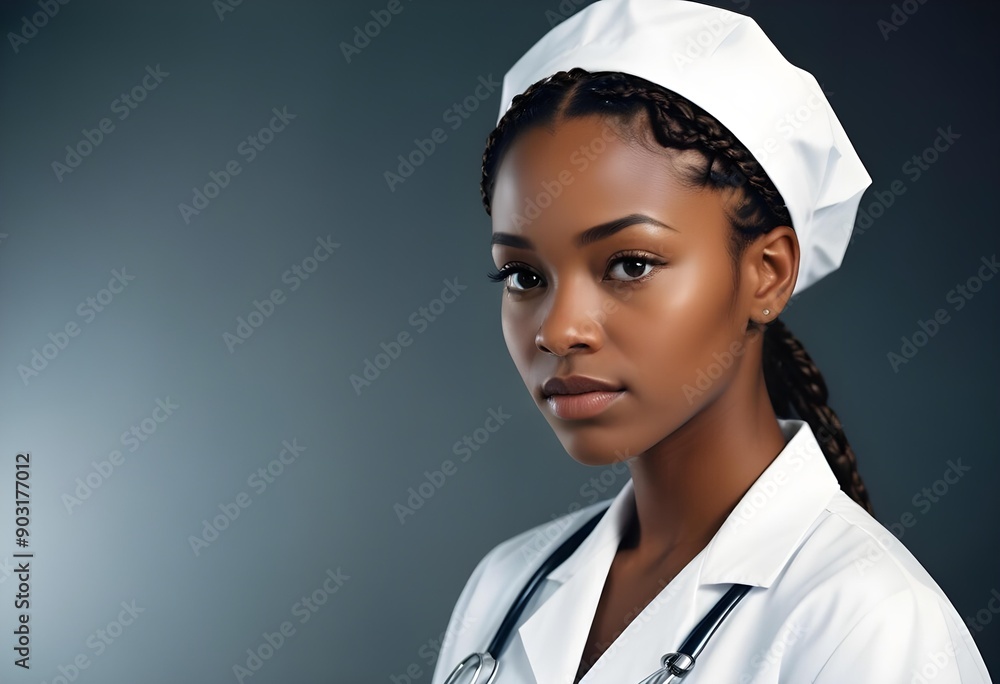 An african nurse wearing a white lab coat and cap side posing in serious look An african nurse wearing a white lab coat and cap side posing in serious look