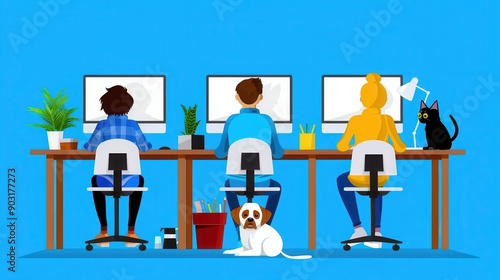 Three people are sitting at a desk with a dog in front of them