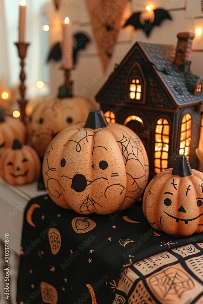 Fototapeta premium Halloween Decor with Pumpkins and Haunted House
