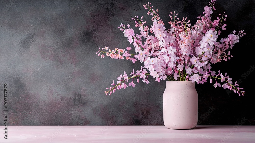 Fototapeta premium White vase with pink flowers on pink countertop beside gray walls
