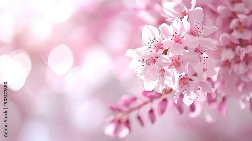 Pink flower on a branch with bokeh of light behind it Pink flower on a branch with bokeh of light behind it