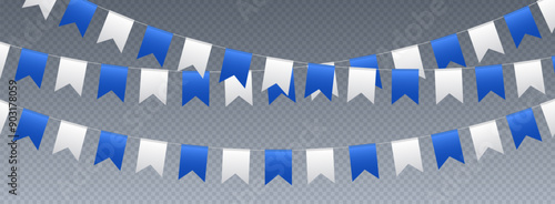 Bunting flags, carnival party flags, white and blue festive pennants hanging on a rope. Festival vector decoration.