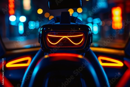 VR headset with neon lighting in a futuristic urban setting emphasizing advanced technology and immersive experiences. photo