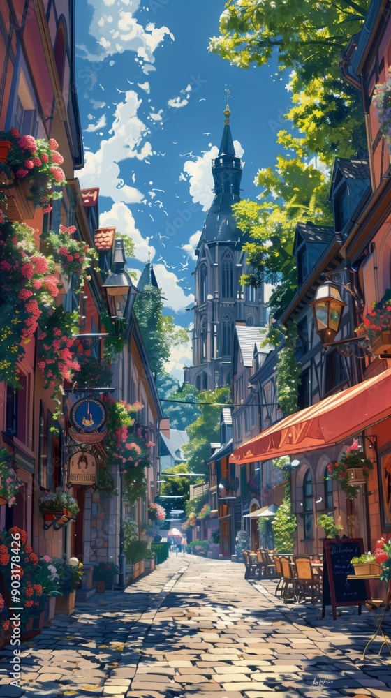 A picturesque village street with flowers and mountain backdrop.
A picturesque village street with flowers and mountain backdrop.