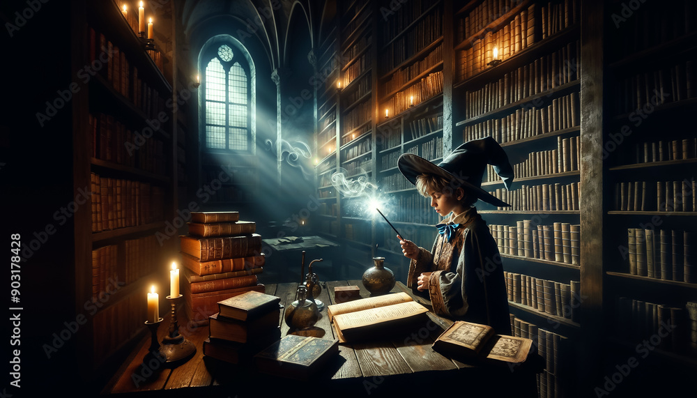 In a mystical library, a wizard is immersed in reading by candlelight in a gothic study full of ancient books and magical artifacts In a mystical library, a wizard is immersed in reading by candlelight in a gothic study full of ancient books and magical artifacts
