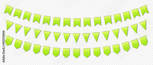 Green bunting flags, carnival party flags, festive pennants hanging on a rope. Festival vector decoration.