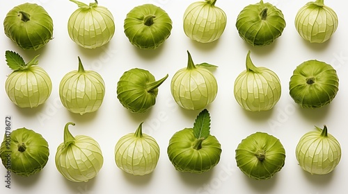 A flat lay of tomatillo arranged in a grid pattern. The gourds vary in shape and size, showcasing their textured surfaces and vibrant green hues against a white background. photo