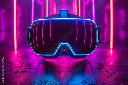 Futuristic VR goggles glowing in a neon lit environment capturing the essence of modern virtual reality technology. photo