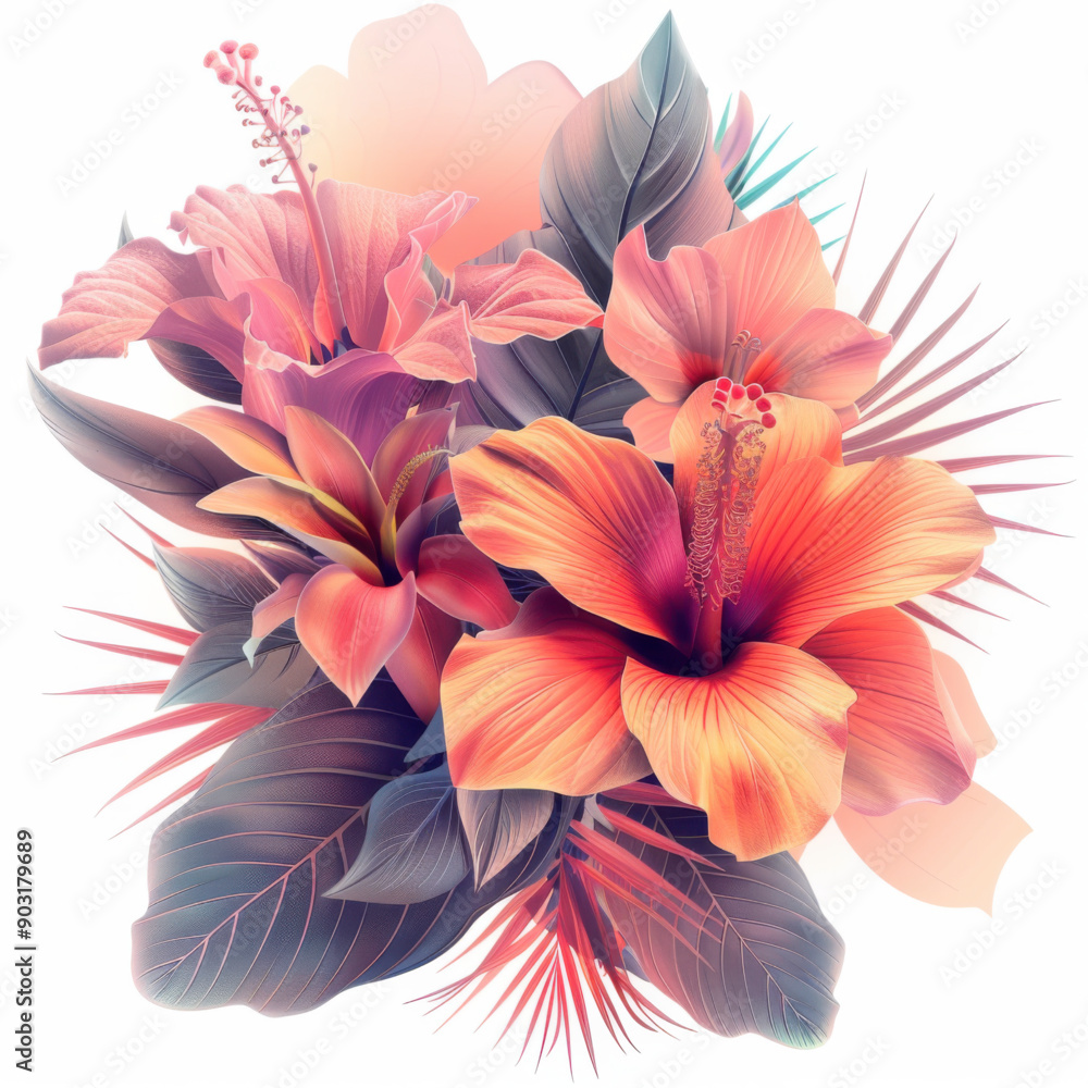Obraz premium Bouquet of tropical flowers and leaves. Vibrant peach pink colors with gradient holographic colors. Modern illustration.