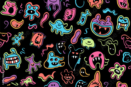  Cute alien kids textile pattern. Fabric design cosmos star little monsters for children clothes. Cartoon space aliens character vector illustration
