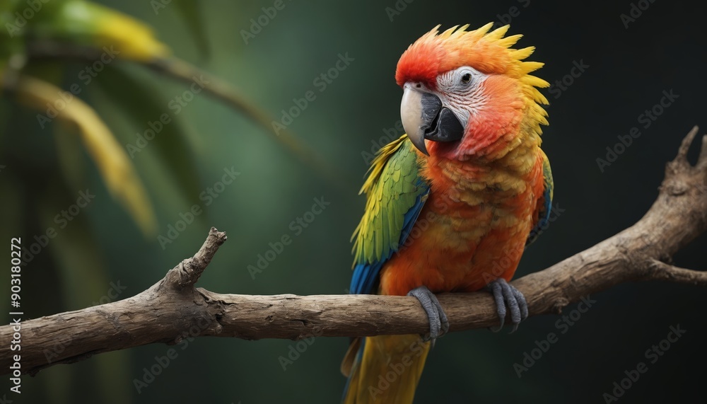 A sun-kissed macaw perched on a branch in a lush tropical setting A sun-kissed macaw perched on a branch in a lush tropical setting