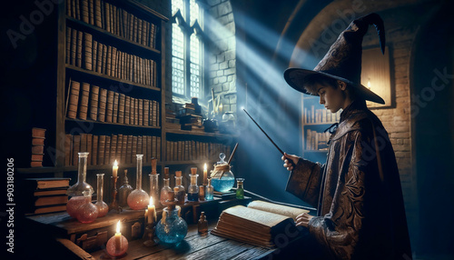 Wallpaper Mural A young wizard in a mystical library wearing a pointed hat, studying spells by candlelight with potions scattered on the table and bookshelves in the background Torontodigital.ca