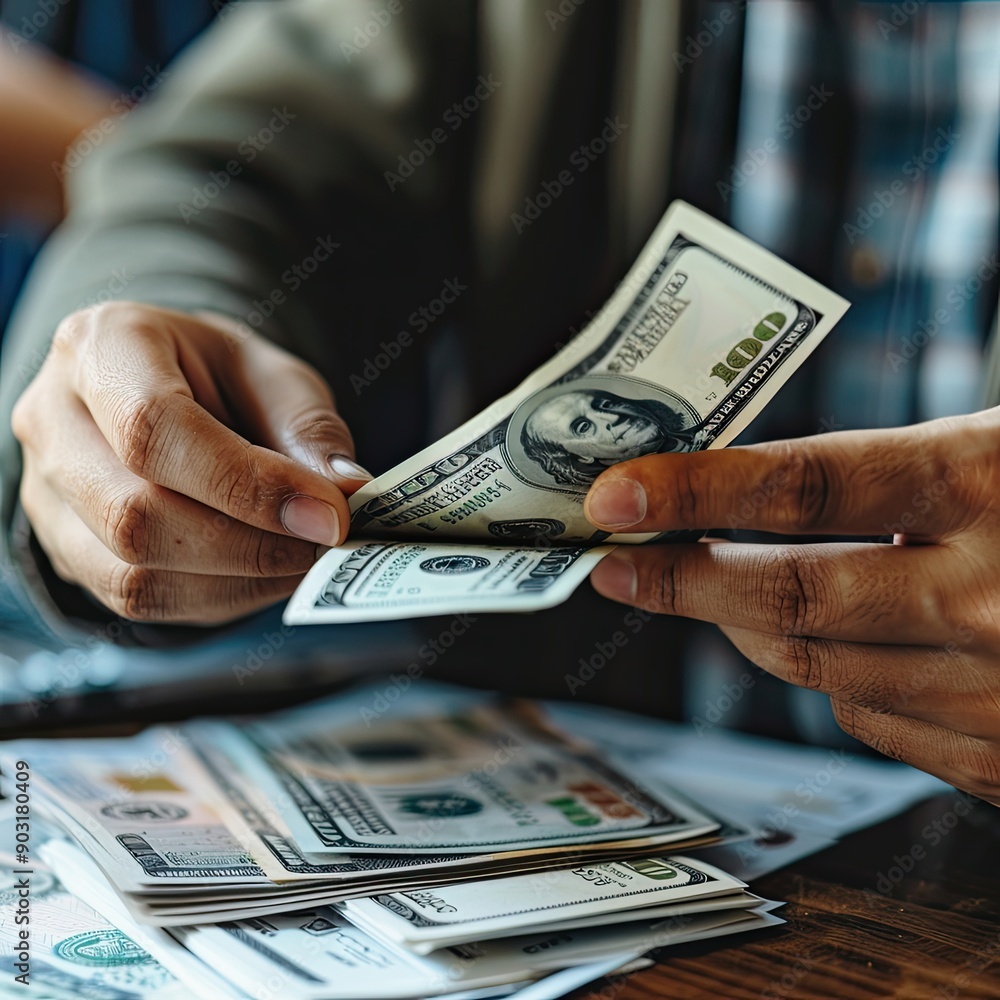 A person is holding a stack of one hundred dollar bills A person is holding a stack of one hundred dollar bills