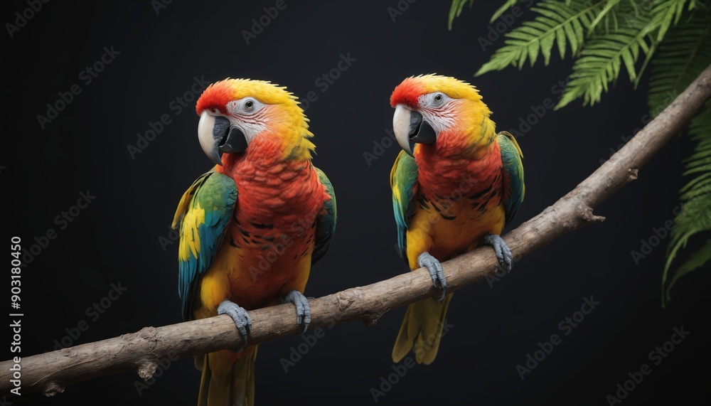 Obraz premium A pair of scarlet macaws perched on a branch in the jungle