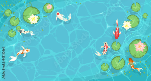 Lake top view background with swimming koi fish. Blue water pound with lily lotus flower vector illustration in cartoon style