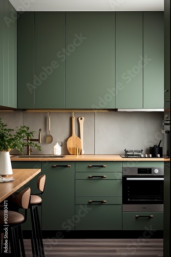 Interior of modern kitchen. Green color.