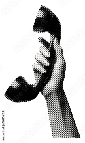 hand with vintage phone receiver isolated retro grunge halftone magazine dotted texture collage element for mixed media design