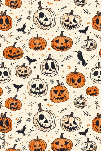Seamless Halloween Pattern with Cartoon Pumpkins and Bats