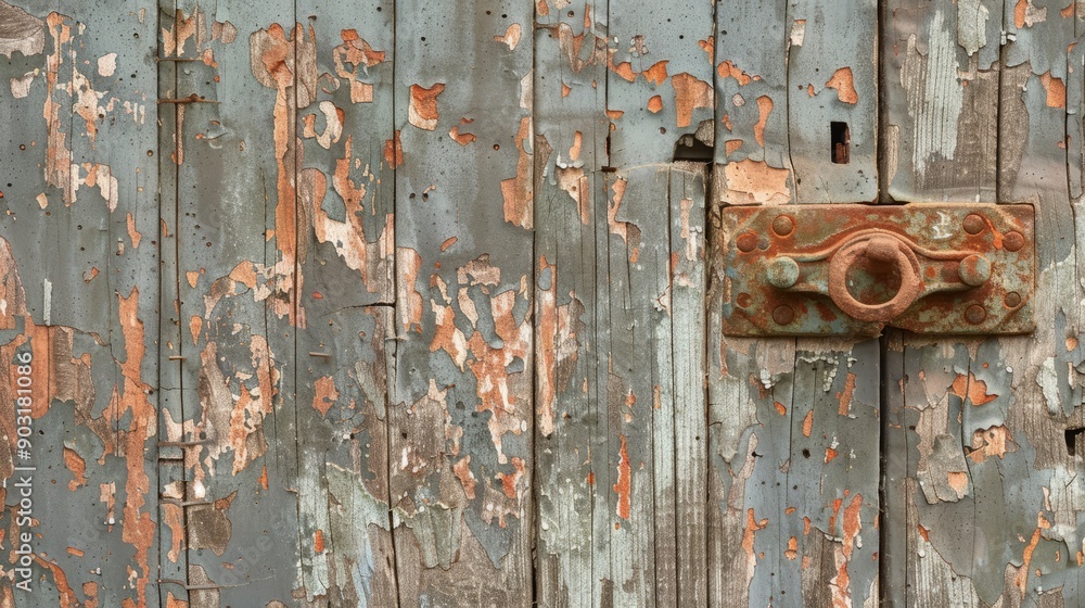 Textured aged wooden door with peeling paint and rusty lock Textured aged wooden door with peeling paint and rusty lock