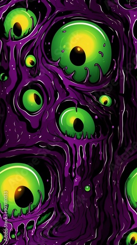 A vibrant and eerie design featuring green eyes amid dripping purple textures, perfect for horror-themed projects and artwork.
