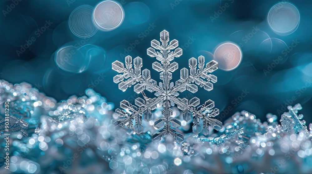 A snowflake is on top of a blue background A snowflake is on top of a blue background