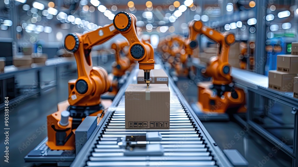 A conveyor belt with a box on it and a robot in the background A conveyor belt with a box on it and a robot in the background