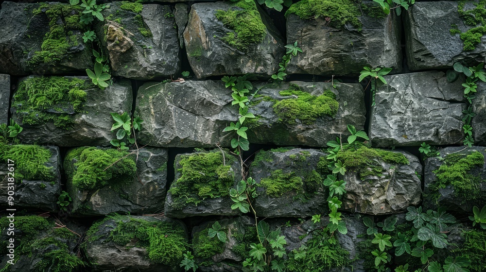 Moss-covered stone walls with lush vegetation in a tranquil outdoor setting Moss-covered stone walls with lush vegetation in a tranquil outdoor setting