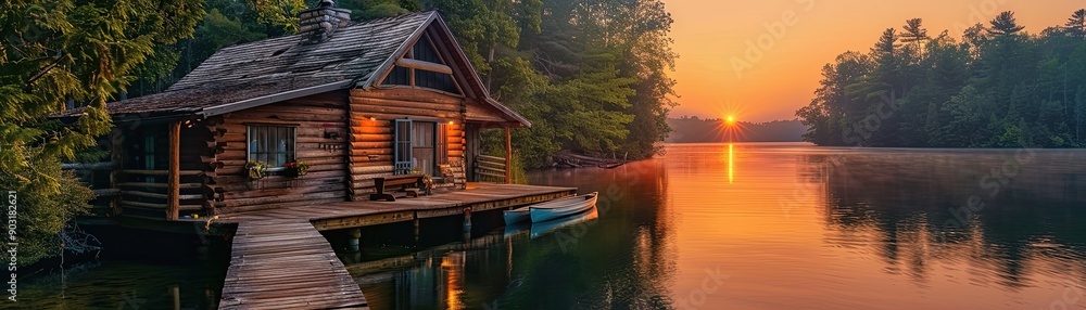 Obraz premium A small cabin is on a dock by a lake