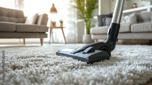 Wallpaper Mural A vacuum cleaner cleaning a shaggy carpet in a contemporary, bright, and cozy living room with modern decor. Torontodigital.ca