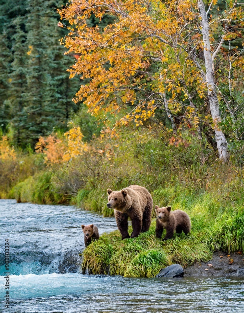 Brown bear family next to the Brooks River, fall landscape, Katmai National Park, Alaska