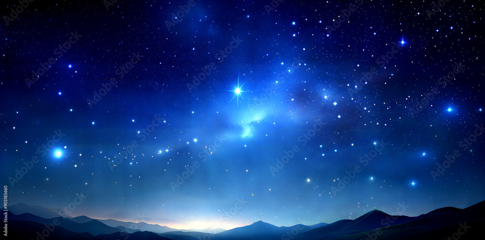 Fototapeta premium starry night sky with constellations over mountain range, illustration, background for presentation, for design template, party, festive, seminar, banner, flyer, card, for brochure cover