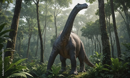 Brontosaurus Dinosaur in Lush Prehistoric Jungle walking through Dense Forest, Jurassic Park concept