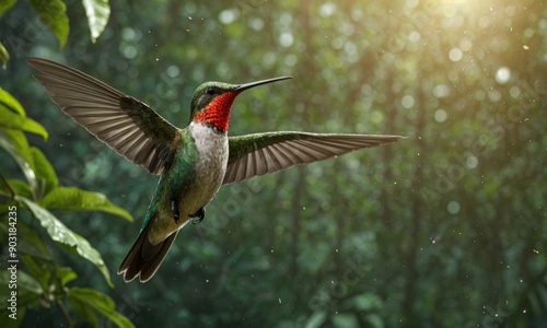 Close-up of Vibrant Hummingbird Flying in Lush Jungle Dense Forest