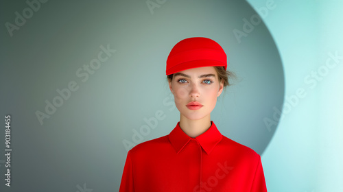 Obraz na płótnie Young woman in a red beret and blouse on a turquoise background, conceptual portrait w salonie