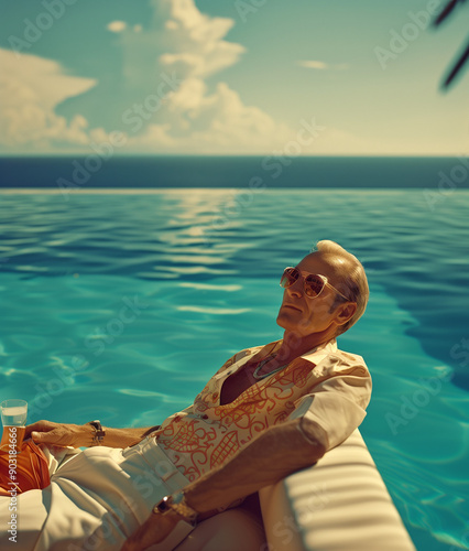 Obraz na płótnie an older couple sitting at an outdoor cafe, rich man dressed in casual clothes and wearing sun glasses lounging at the pool, w salonie