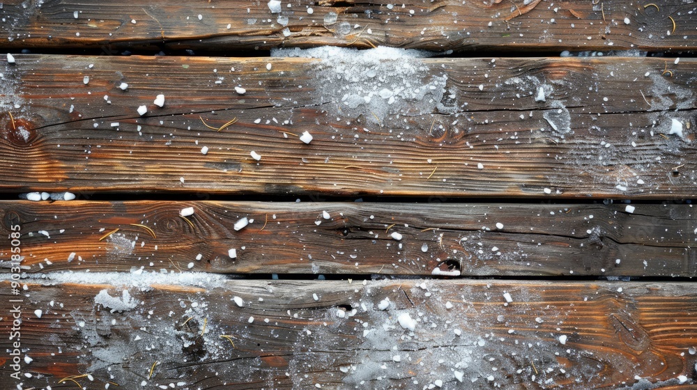 Fototapeta premium Snow covered wooden surface seen from above during winter