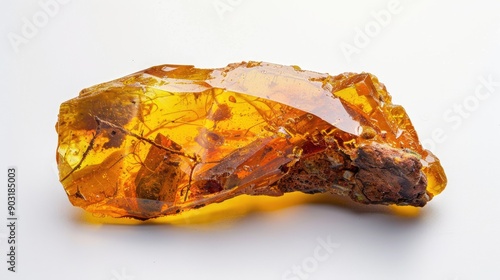 Yellow amber with inclusions on a white background Bark encased in resin Ancient fossilized resin mineral Vintage material resembling sunstone