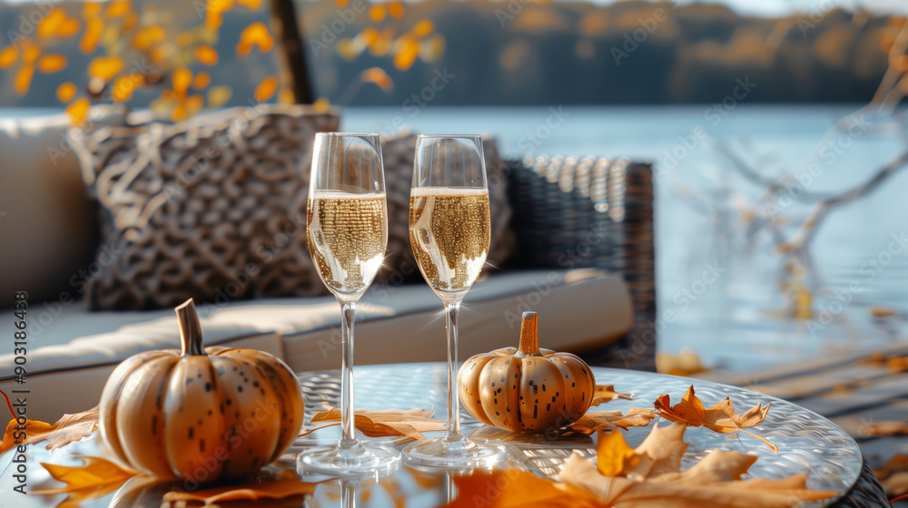 White wine served in glasses on a table in the outdoor lounge area near the lake surrounded by autumn forest White wine served in glasses on a table in the outdoor lounge area near the lake surrounded by autumn forest