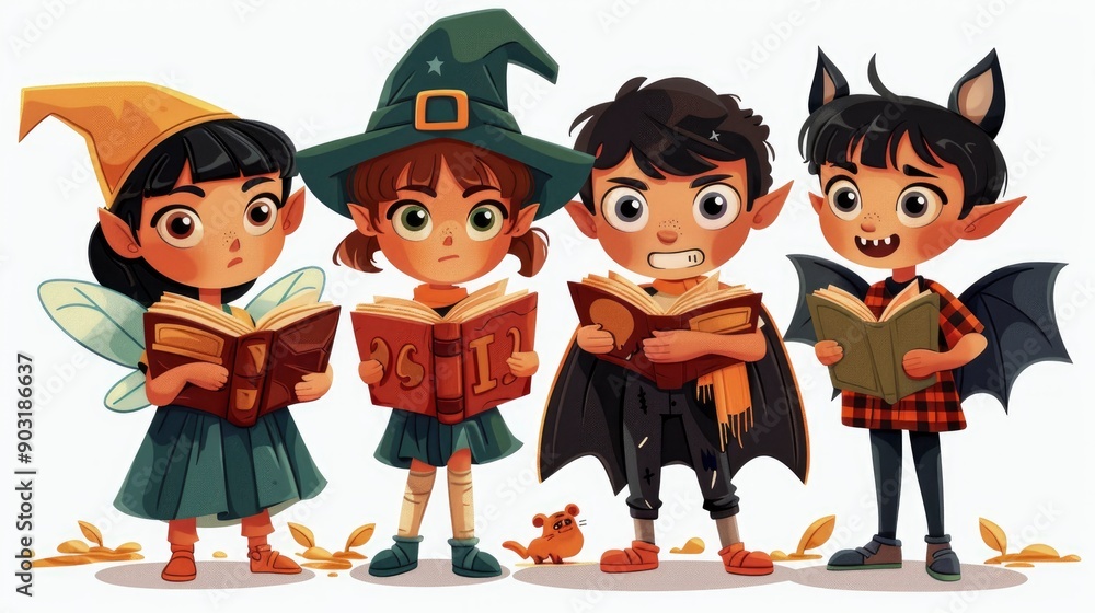 Four Children in Halloween Costumes Reading Books Four Children in Halloween Costumes Reading Books
