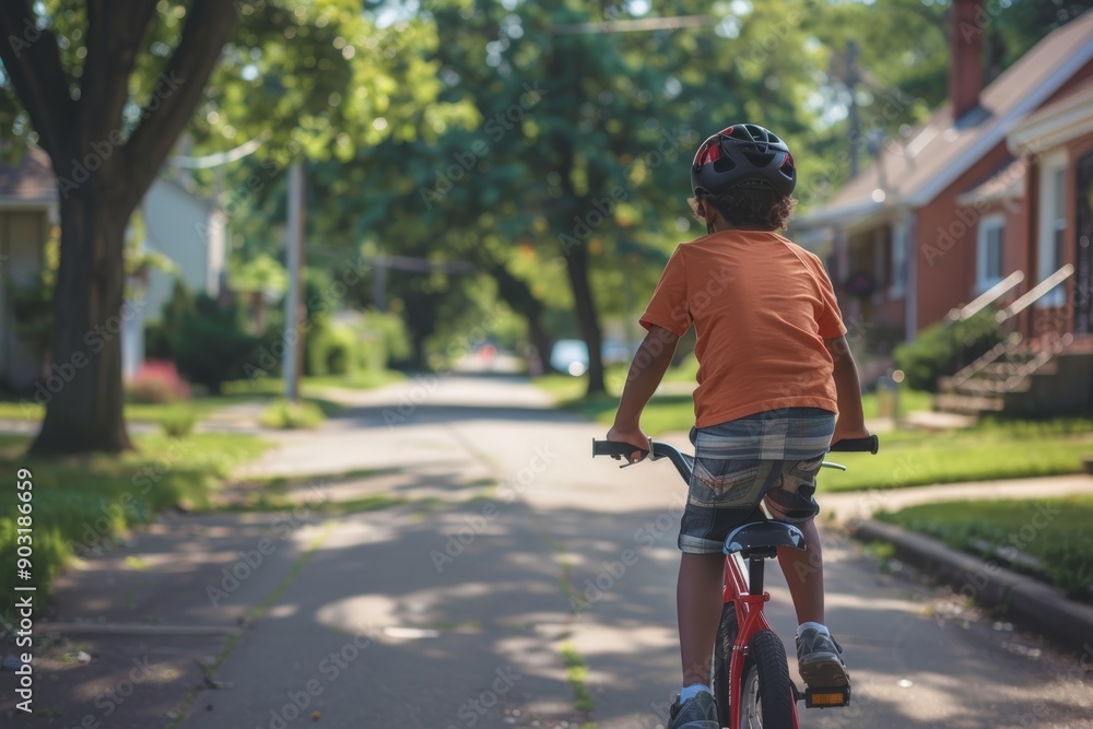 Obraz premium Child Riding Bike with Parent's Guidance on a Suburban Street - Summer Learning Adventure