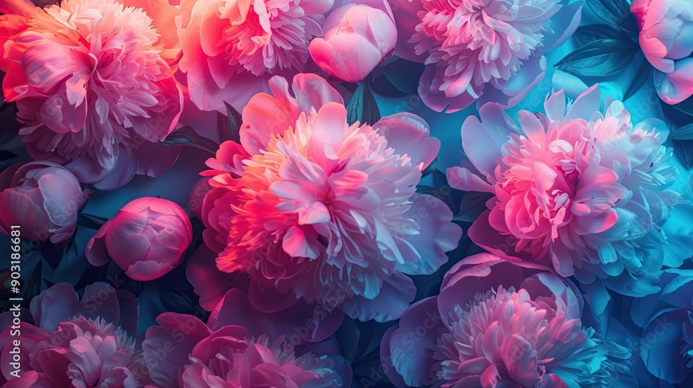 Fototapeta premium Bright peonies in neon shades. Abstract background.