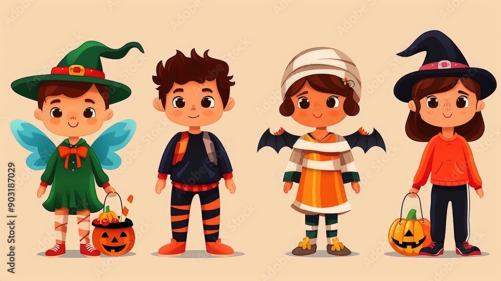 Cute Kids in Halloween Costumes with Candy Buckets Cute Kids in Halloween Costumes with Candy Buckets